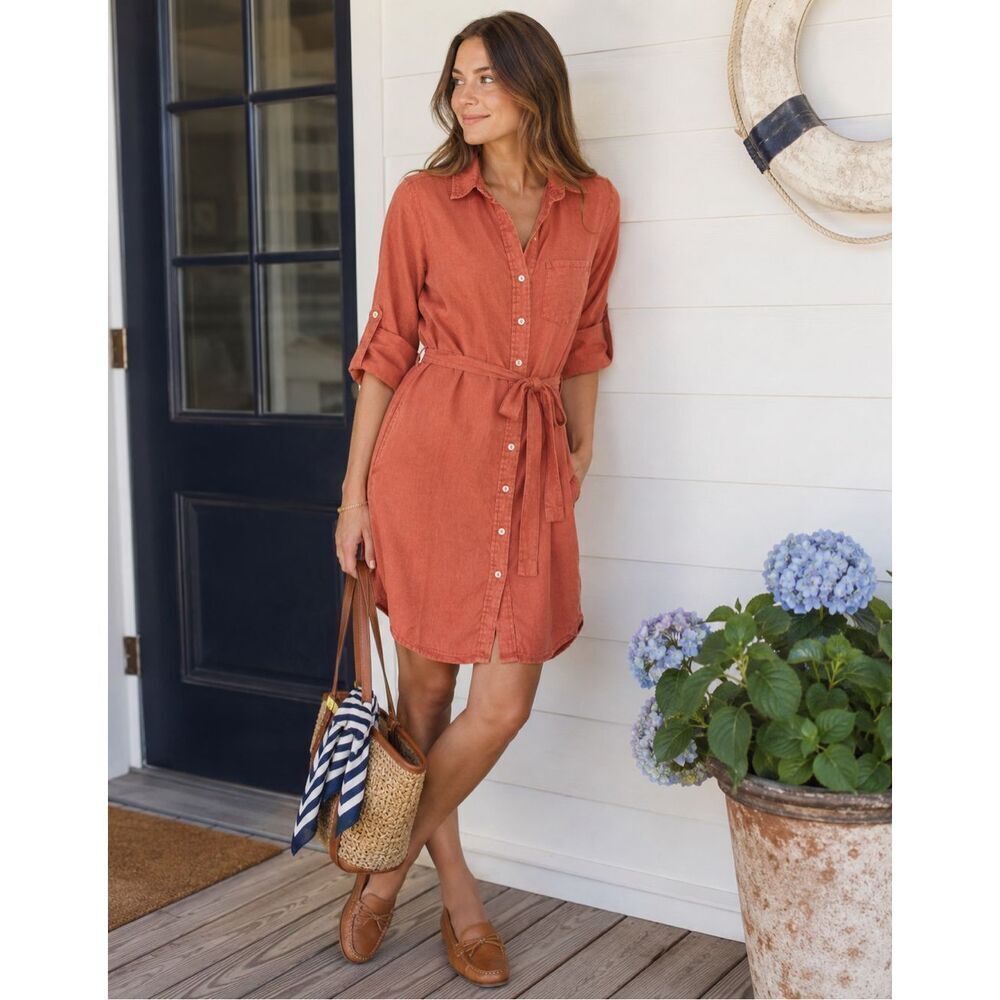 Magaschoni Dress Women XS Terracotta 100% Linen Oversized Roll Tab Belt Mother o